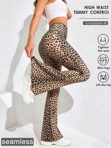 高腰豹纹喇叭瑜伽裤，收腹提臀修身打底裤，野生动物图案喇叭裤 - 彩色 - 查看 2