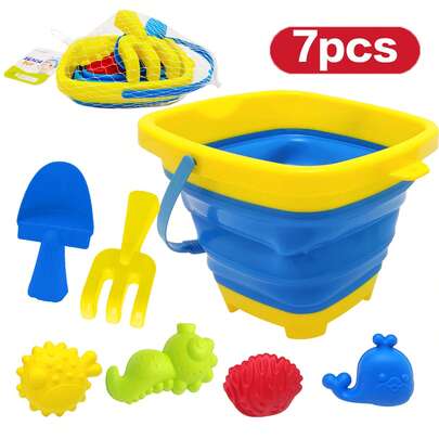 7pcs Beach Toy Sand Toy Set, Kids Sand Box Toys Include Whale, Starfish, Shell Models, Beach Tool Set, Bucket With Mesh Bag, Shovel And Rake, Suitable For Boys And Girls Over 18 Months. Small Size Suitable For Backyard Parties, Summer Trips, Beach