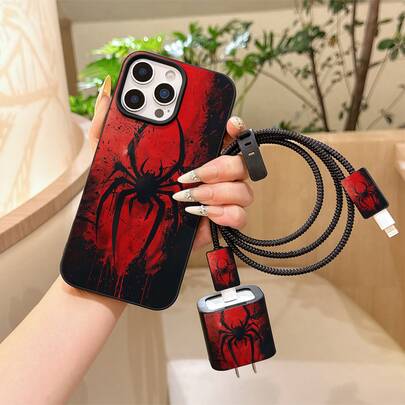 Estuche de teléfono negro de araña líquida 6 en 1 + Cubierta del cargador + Protector de cable + Cuerda de almacenamiento + Envoltura de cable de datos, Estuche protector mate resistente a golpes compatible con iPhone 17 16e 16 15 14 13 12 11 Mini Pro Max Air X XR XSMAX 8 7 Plus, Accesorios de teléfono elegantes, Diseño creativo, Impresión UV, Regalo de cumpleaños perfecto para amantes de la moda y la música