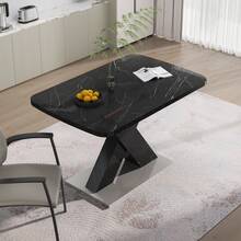 120cm - 160cm Modern Rectangular Dining Table, Extendable, Black Printed Marble Top + MDF X-Shaped Table Legs With Metal Base - Black - View 3