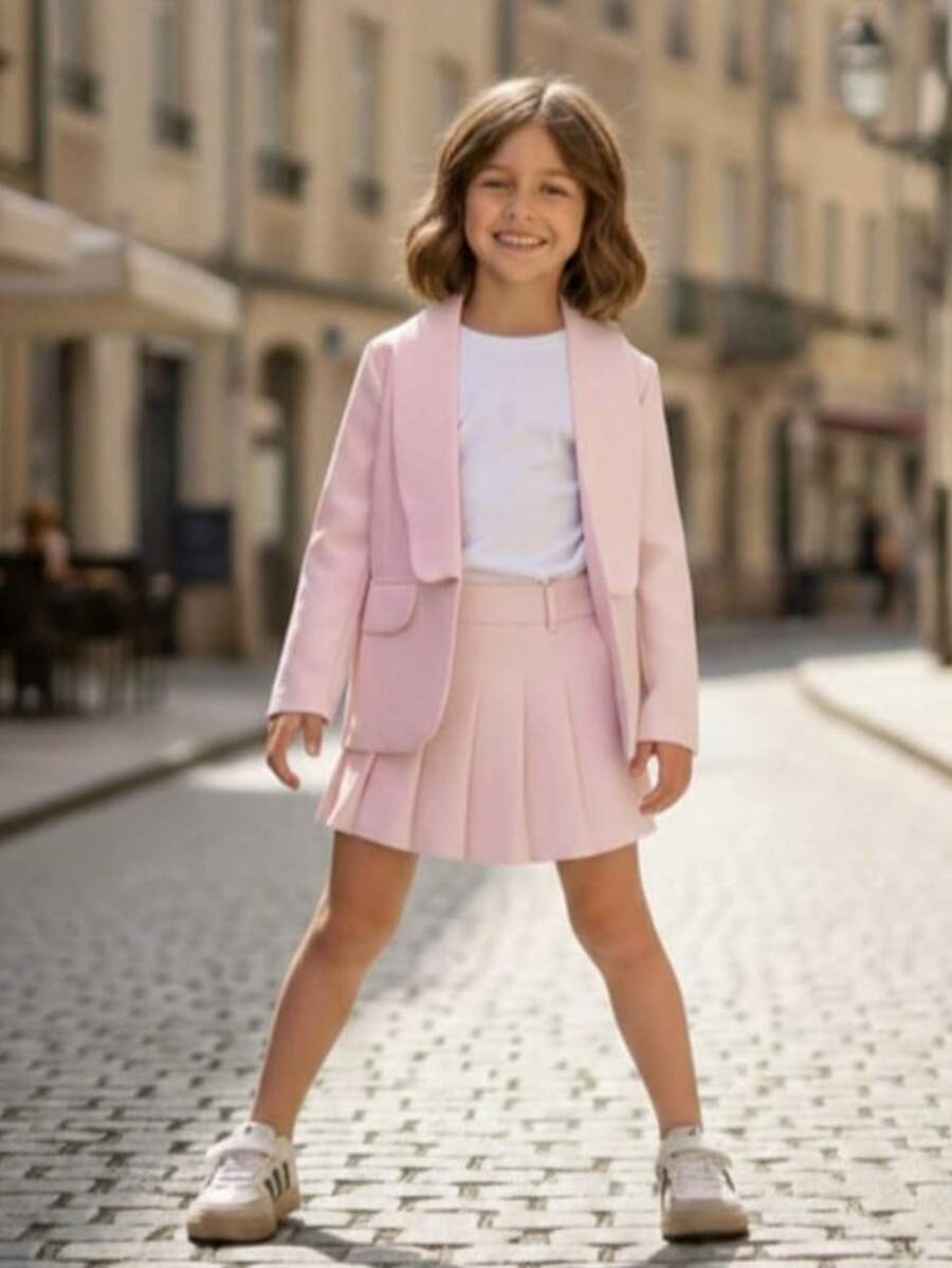 Stylish Children's Dress Set Including Pleated Skirt And Tailored Blazer, Perfect For A Schoolgirl. - 淺粉色 - 查看 1