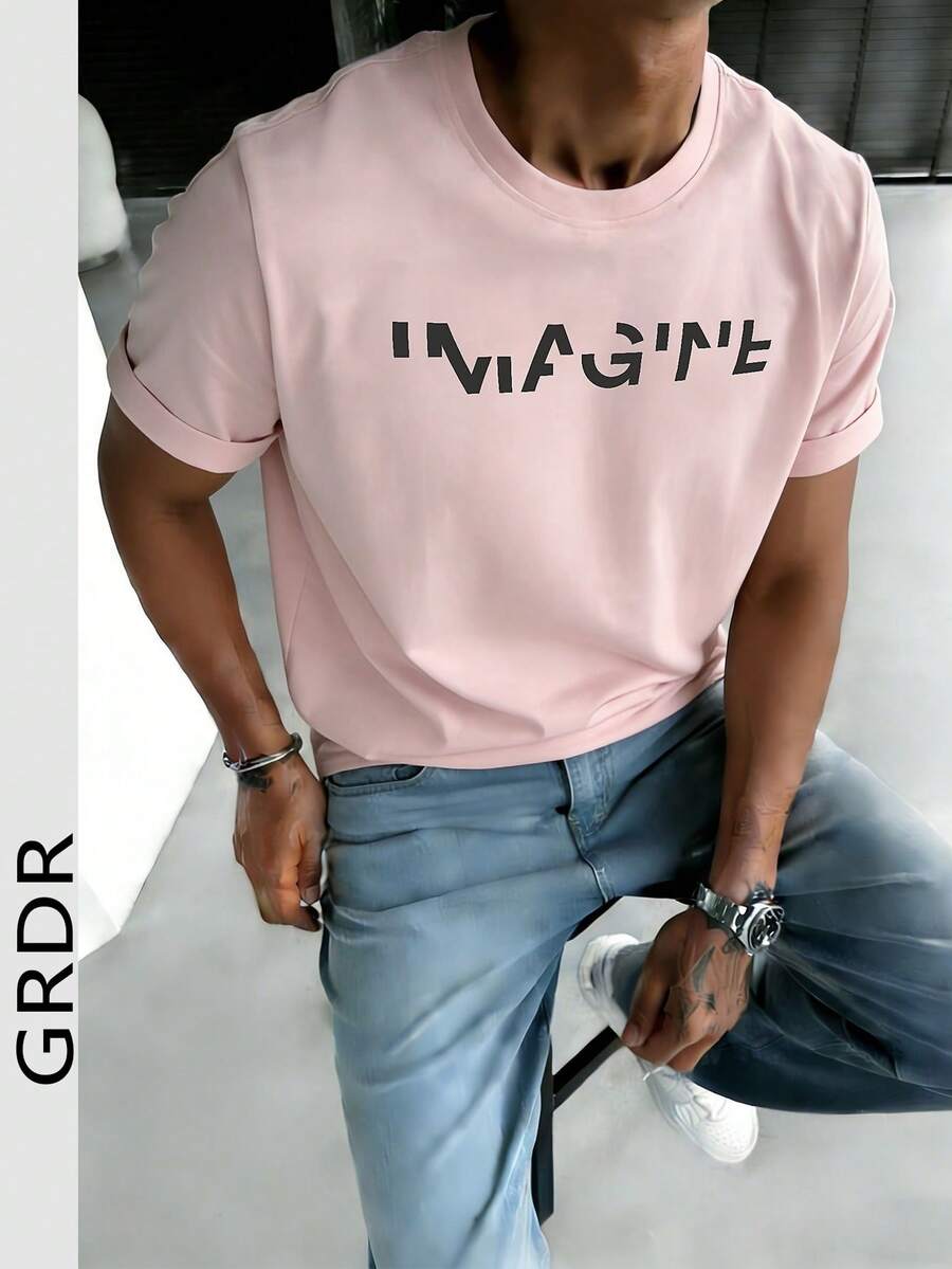 GRDR 男士时尚印花宽松短袖T恤 | 精致设计 | 夏季必备 | 百搭易配 | 展现您的风格 - 粉色 - 查看 1