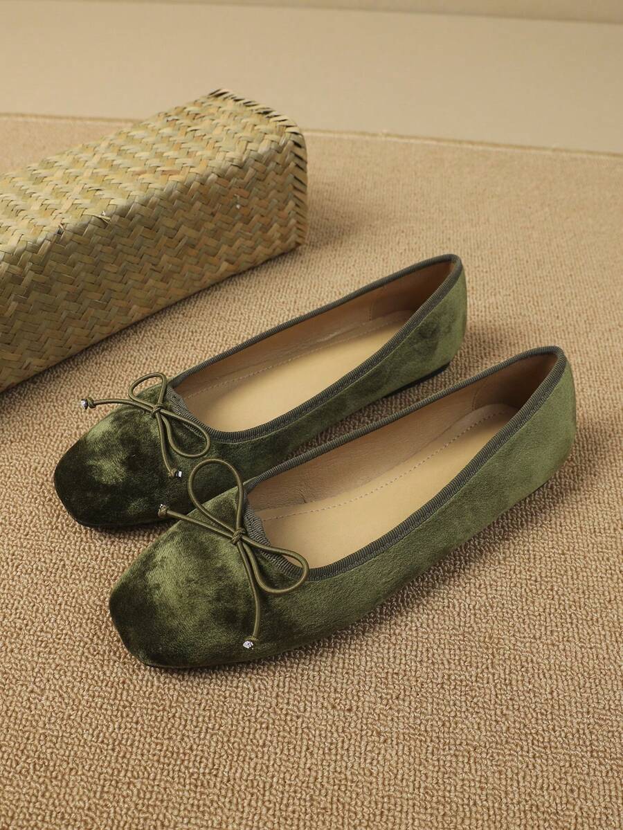 女士舒适休闲纯色平底鞋，蝴蝶结装饰，方头套脚鞋，四季皆宜 - 軍綠色 - 查看 1