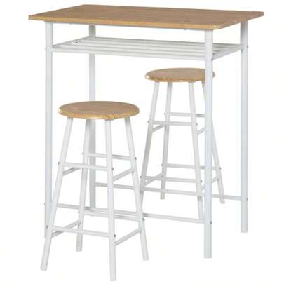3-Piece Bar Table Set, Dining Table With 2 Bar Stools, Dining Group, Kitchen Table And Chairs, Standing Table And Bar Stools With Storage Shelf, MDF Board, Steel, White + Oak, 80 X 50 X 90 Cm