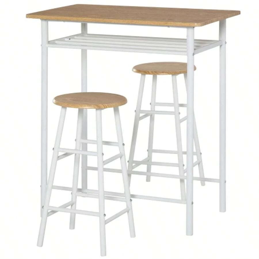 3-Piece Bar Table Set, Dining Table With 2 Bar Stools, Dining Group, Kitchen Table And Chairs, Standing Table And Bar Stools With Storage Shelf, MDF Board, Steel, White + Oak, 80 X 50 X 90 Cm