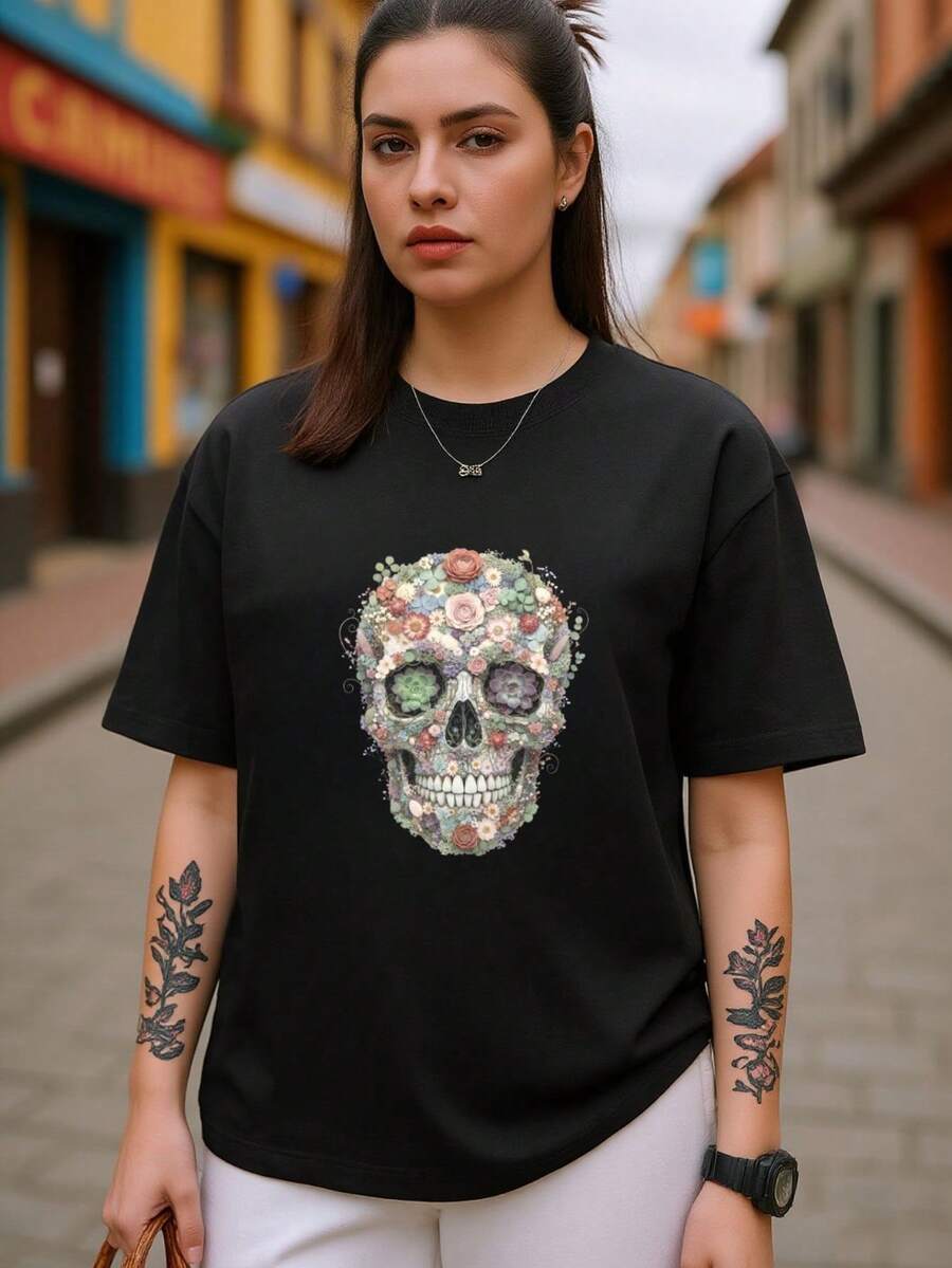 Camiseta de Manga Corta Algodón para Mujer 2026 - Estampado Calavera Floral Día de Muertos Mexicano Transpirable Playeras - Negro - Ver 1