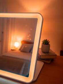 Espejo LED Recargable Viaje Iluminación Ajustable Luz Fría Cálida Plegable Compacto Maquillaje Tocador Portátil - Blanco - Ver 6