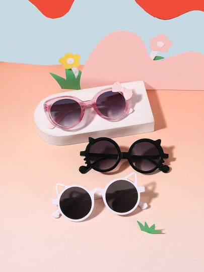 一套3副，男女童（5-10岁）聚碳酸酯猫眼不对称镜框卡通款蝴蝶结装饰个性化时尚眼镜，适合户外旅行、节日派对等场合，附赠眼镜盒