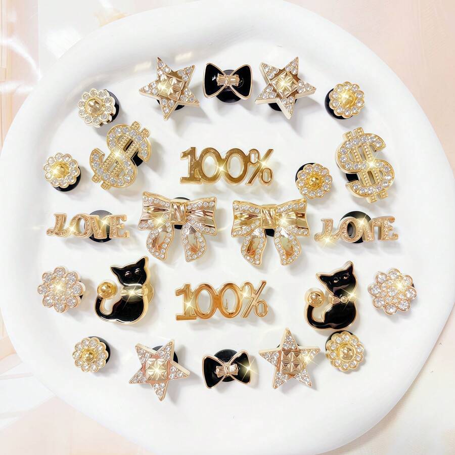 24 قطعة من اكسسوارات الأحذية الأنيقة والجميلة والعصرية على شكل فراشة ذهبية، نسبة مئوية، قطة، نجمة، حرف، علامة دولار، مناسبة للأحذية والصنادل والشبشب النسائية، للزينة DIY، مثالية للمناسبات والأعياد والحفلات - الذهبي - مشاهدة 1
