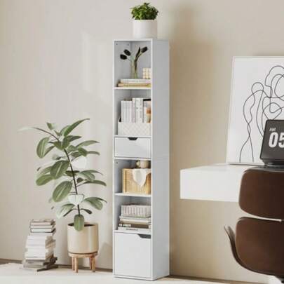 Bookshelf With 6 Shelves, Adjustable To 3 Levels, With Drawer, Cabinet Door, Customizable Shelf, Display Shelf, White Color