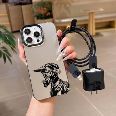 Juego de 6 en 1 de estuche protector con diseño de motocicleta de dibujos animados - Incluye funda para teléfono, cubierta para cargador, protector de cable, organizador de cable, cuerda enrolladora de cable, cubierta protectora anti-golpes de TPU, compatible con Apple 6/7/8/X/XS/XR/XS Max/11/12/13/14/15/16/Pro Max, adecuado como regalo de cumpleaños o Navidad para parejas, novias, hijas, adolescentes