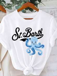 Saint Barth Day St BarthGraphic Print Tshirt Short Sleeve Crew Neck Casual Top For Summer Spring Women Clothing - 白色 - 查看 1