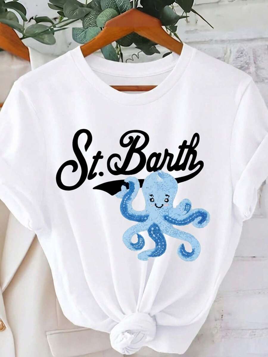 Saint Barth Day St BarthGraphic Print Tshirt Short Sleeve Crew Neck Casual Top For Summer Spring Women Clothing - 白色 - 查看 1
