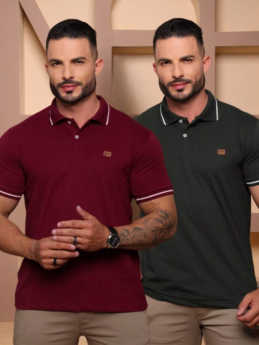 Kit Of 2 High Quality Polo Shirts 100% Cotton Men's Basic T-Shirt Autumn Spring Spring/Autumn Summer Winter All Spring/Summer Autumn/Winter Spring/Summer/Autumn Regular Fit Christmas Thanksgiving Valentine's Day Pride Month Teacher's Day Father's Day Polo Shirt - Rượu Marsala và Quân đội - Xem 1