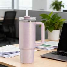 STANLEYO Stylish Multi-Color Insulated Travel Tumbler – Glossy White / Metallic Rose Gold / Shimmer Blush Pink – Double-Wall Stainless Steel Cup With Handle & Metal Straw, Leak-Proof Reusable For Coffee, Tea & Smoothies | Ideal Gift For Christmas, Halloween & More For Family & Friends - 彩色 - 查看 9