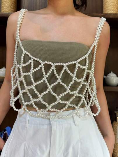 新品上市：1件可爱女童珍珠装饰无袖上衣，简约珍珠点缀背心，适合日常穿着、音乐节、派对等场合，也是送给女性的绝佳礼物。