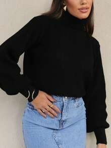 Cropped Knit High Neck Cacharrel Puff Sleeve - Black - View 3