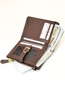 新款拼接PU皮革短款女士钱包，高端对折钱包，简约卡包，按扣闭合 - 咖啡 - 查看 3