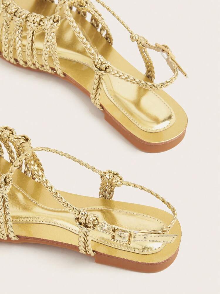 Handmade Woven Strap Woven Face Twisted Craft Face Spliced Gold Insole Fashion Women Flat Sandals, Random Woven Pattern - Gold - View 6