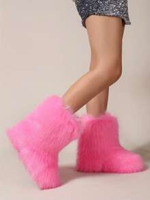Women's Faux Fur Boots Furry Mid Calf Fur Boots Comfortable Outdoor Flat Shoes Winter Warm Plush Surface Snow Boots - 粉色 - 查看 3
