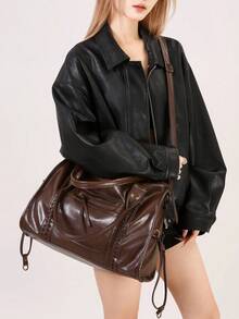 女士复古休闲时尚街头风水洗PU皮手提包，拉链封口，多功能口袋，编织装饰，大容量手提包，可装13英寸笔记本电脑，可调节肩带，可斜挎，适合日常通勤、大学生活、短途旅行，波西米亚风女包，新款时尚大容量女士手提包，女士礼品之选 - 彩色 - 查看 11