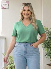 Women's Plus Size Elegant Short-Sleeve Modern Blouse In Duna Fabric, Sizes GG, G1, G2, G3, Summer/Work - 薄荷綠 - 查看 6