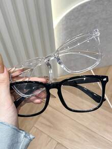 3pcs Women's Square Rhinestone Black Transparent Student Glasses, Clear Vision Accessory - Transparent - View 2