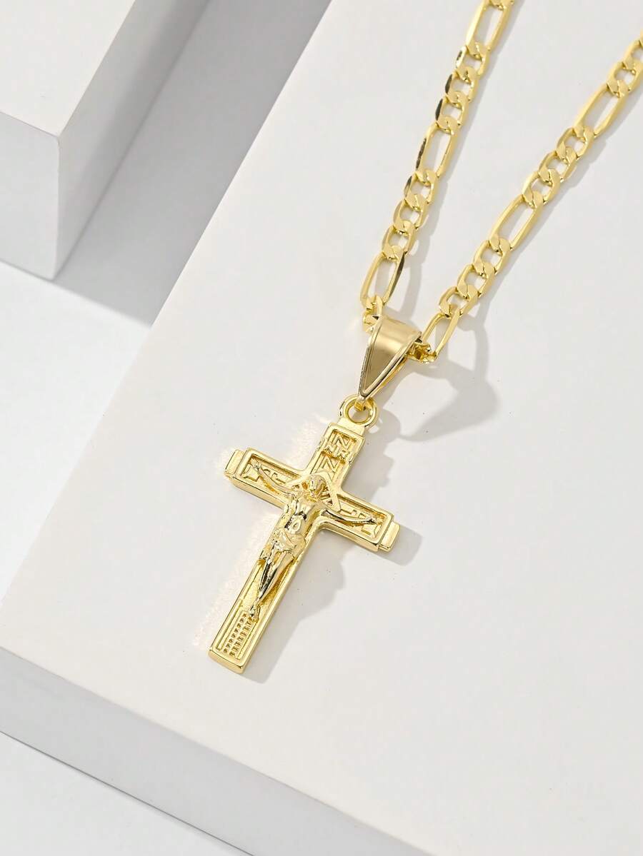 1件欧美经典铜十字架吊坠项链，限量版“守护之光”，适合作为圣诞节/感恩节/万圣节/母亲节/情人节礼物送给情侣/朋友/信徒，也适合天主教初领圣体、日常及节日佩戴，用于祈祷。 - 金黃色 - 查看 1
