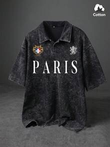 Men's Summer Street Fashion Paris Pattern Polo Shirt, Slightly Stretchy Washed Vintage Look Polo Collar Button Closure Black Top, Casual Daily Outdoor Polo Shirt - Black - View 1