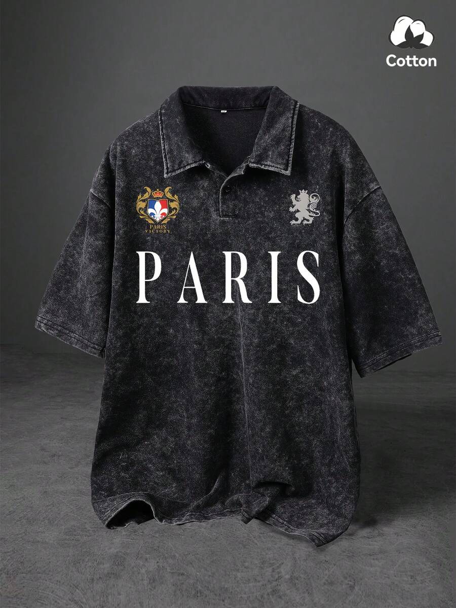 Men's Summer Street Fashion Paris Pattern Polo Shirt, Slightly Stretchy Washed Vintage Look Polo Collar Button Closure Black Top, Casual Daily Outdoor Polo Shirt - Black - View 1