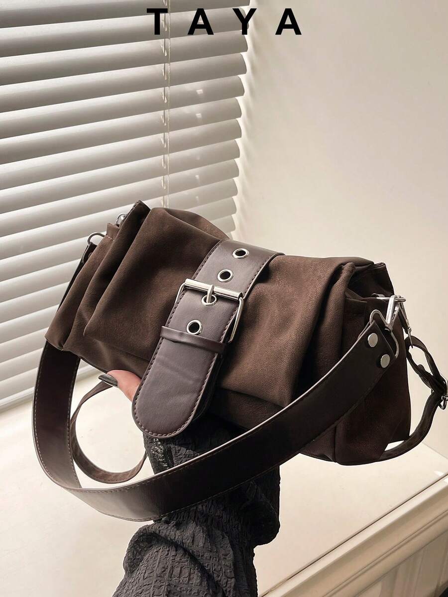 New Vintage Fashion Square Bag, Metal Hardware Belt Decor, Flap Opening Shoulder Bag. Adjustable Long Strap, Small Capacity Lightweight Minimalist, Solid Color Crossbody Bag. Suitable For Women's Daily Life, Casual, Commute, Work, Vacation And Student Use