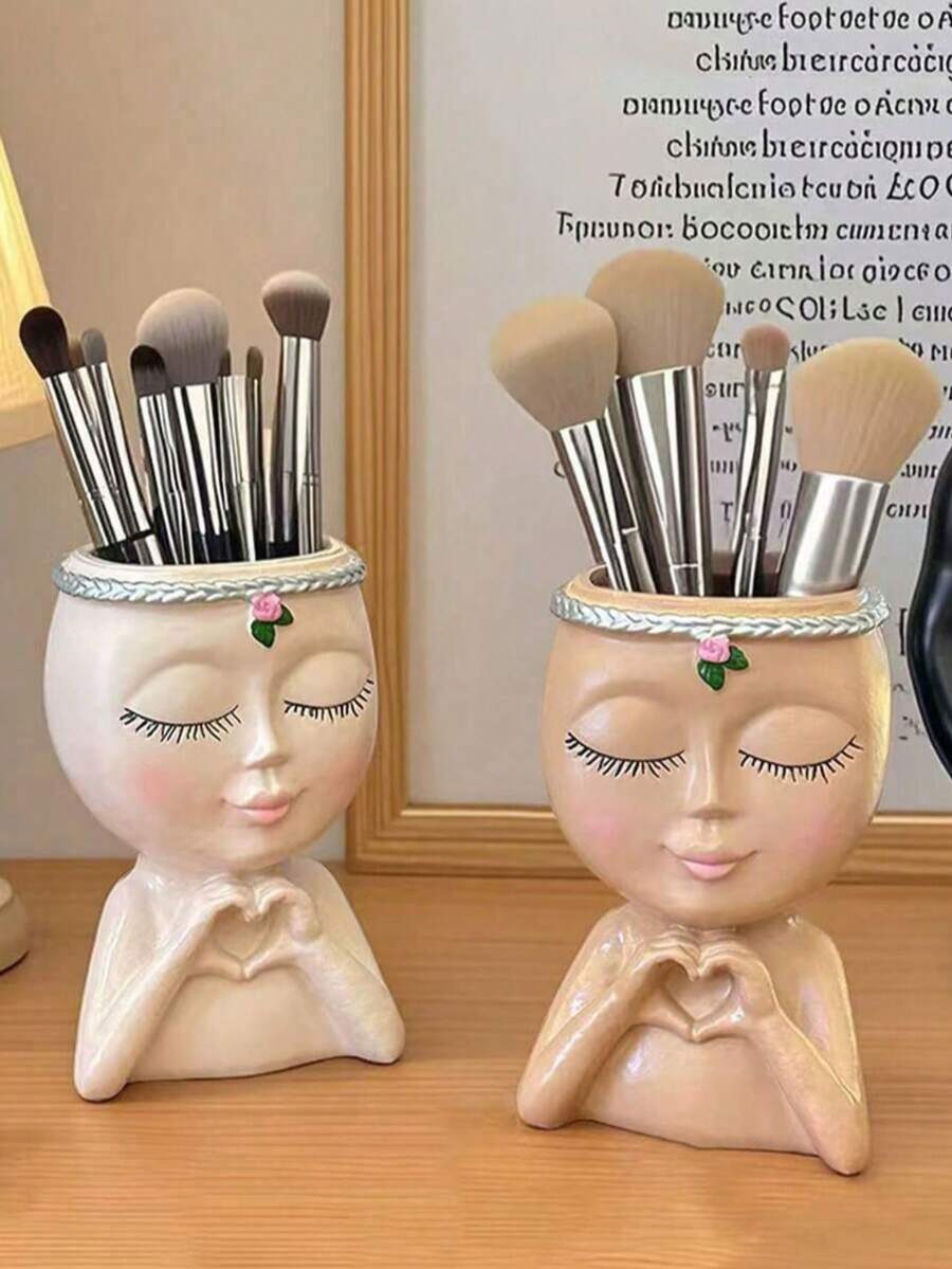 1pc Cute Girl Design Pen Holder Multifunctional Plastic Vase Container Makeup Brush Organizer - Multicolor - View 1