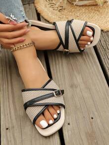 Sandalias planas con hebilla cruzada para mujer, sandalias de playa para el verano - Negro - Ver 7
