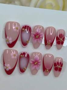 10pcs Purple & Red Tie Dye 3D Carved Almond Shaped Short & Medium Length Nail Stickers, Y2K Girly Floral Design, High-End Handmade Nail Art Decals Suitable For Daily Wear, Press-On Nails, Nail Accessories - Red Violet - View 4