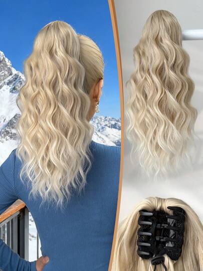 16 Inch Ombre Golden Wavy Heatproof Synthetic Fiber Claw Ponytail Hair Extension, Suitable For Women For Christmas, Halloween, Music Festivals, And Daily Use