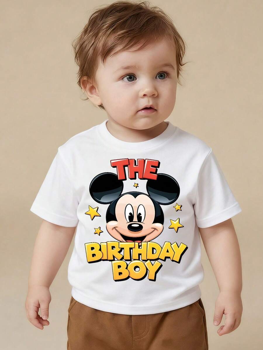 Disney White Background Mickey Mouse THE BIRTHDAY BOY Star Print Baby Short Sleeve T-Shirt - Birthday-Themed Playful Casual Top - trắng - Xem 1