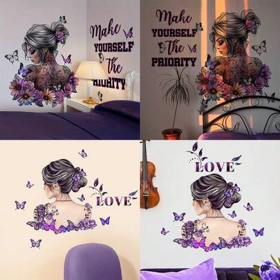 1PC Viral Cottagecore Wall Decals | Set Of 2 Aesthetic Woman Figure Art With Butterfly & Inspirational Quotes For Home Decor