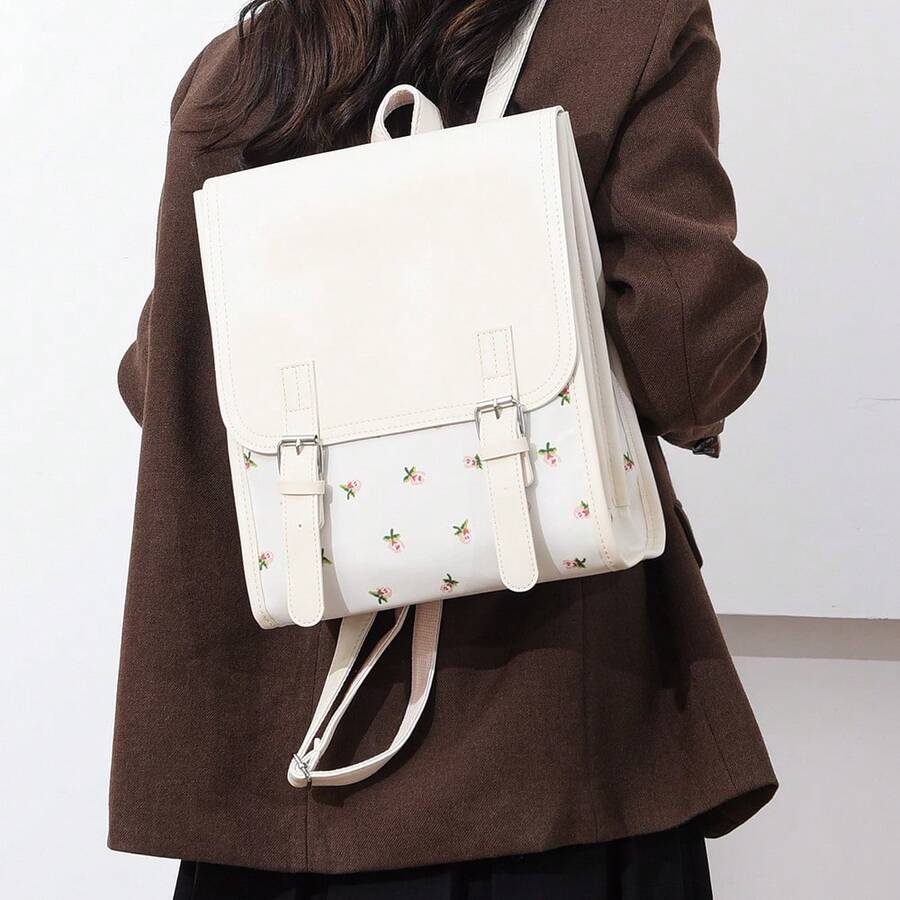 LECEY Lightweight,Business Casual Lightweight,Portable Ditsy Floral Buckle Decor Flap Backpack For Teen Girls Women College Students,Rookies & White-Collar Workers Perfect For Office,College,Work ,Business,Commute,Outdoors, Travel, Outings - White - View 1