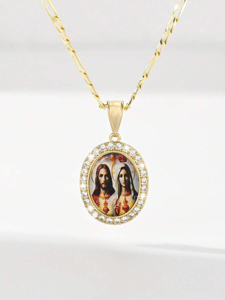 1件经典欧式铜镶嵌锆石瓜达卢佩圣母玛利亚和耶稣守护光限量版吊坠项链，适合圣诞节/感恩节/万圣节/母亲节/情人节送给情侣/朋友/信徒，天主教初领圣体礼，礼物，日常及节日佩戴祈祷。 - 金黃色 - 查看 1