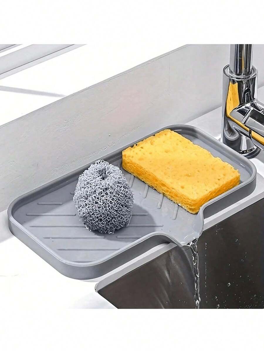 1pc Large/Small Silicone Drain Mat Sink Organizer Dish Sponge Drying Tray With Soap Dispenser Slot Waterproof Non-Slip Heat Resistant Easy Clean Quick Dry Kitchen Bathroom Countertop Protector For Soap Hand Lotion Cosmetics Sponge Holder Home Gadgets Accessories Essentials Thanksgiving Christmas New Year Holiday Birthday Gifts - 灰色 - 查看 1