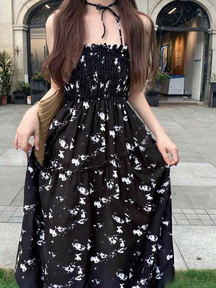 オールオーバー小花柄シャーリングボディキャミワンピース、夏