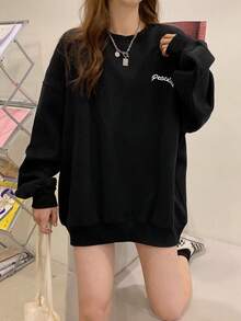 Women's Letter Print Loose Fit Crew Neck Long Sleeve Sweatshirt - Black - View 4