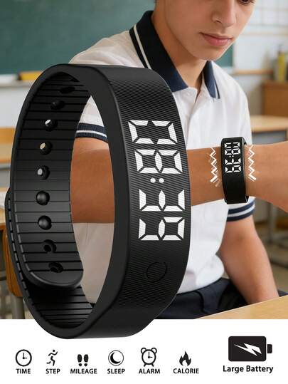 1pc Fashionable & Versatile Black Silicone Watch Band, Suitable For Men, Women & Teenagers, LED Digital Multi-Function Sports Electronic Watch With Time, Alarm, Stopwatch, Step Counting, Sleep Monitoring, Vibration Reminder, Lift Wrist To Wake, No Need To Connect To Electronic Bracelet, Applicable For School, Sports, Gifts, Daily Wear, Comes With Gift Box