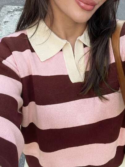 Suéter de punto casual de manga larga con cuello polo, estilo suelto y a rayas, dulce y de moda, para otoño/invierno