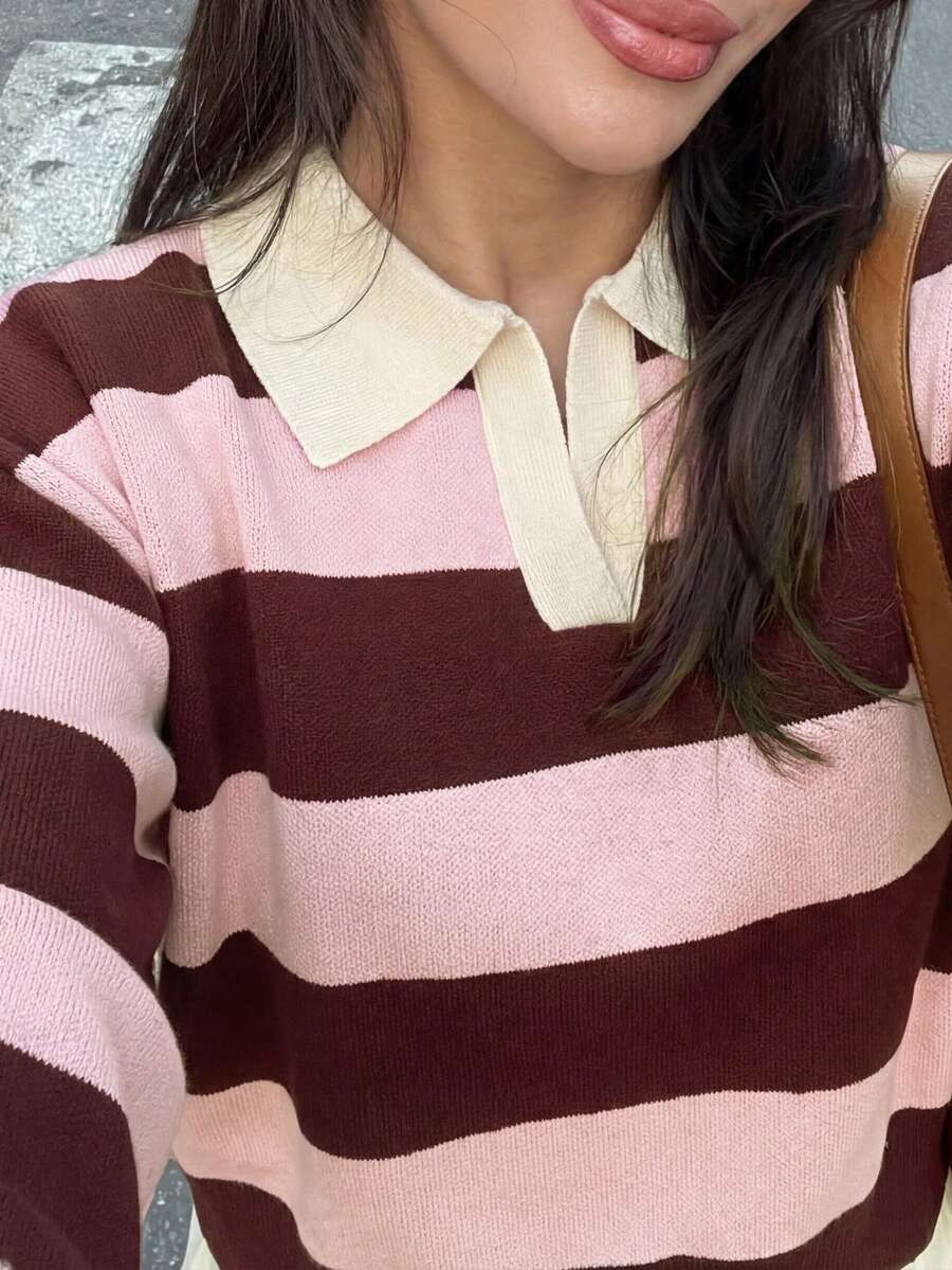 女士甜美时尚宽松 Polo 领条纹长袖休闲针织衫，春夏粉色 - 粉色 - 查看 1