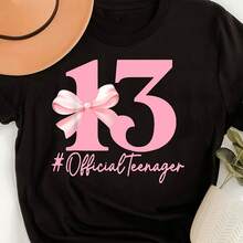 Women' New Style Chinese Numeral (13 Number) T-Shirt - Casual Round Neck Tee Suitable for Casual Attire & Special Events, Machine Washable, Year-Round with Chinese Numerals Print - Negro - Ver 2