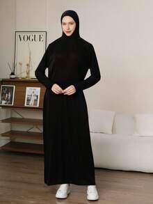 1 pezzo Vestito lungo nero minimalista taglie forti, abbigliamento quotidiano comodo per donna, tessuto morbido con design con cappuccio, adatto al comfort e al codice di abbigliamento religioso, adatto per uscite quotidiane, occasioni di svago, vita regolabile per diverse fisicità, stile minimalista facile da abbinare con le scarpe, accessorio pratico essenziale per donna, adatto per l'uso quotidiano e le occasioni festive, elegante primaverile - nero - Visualizzare 9