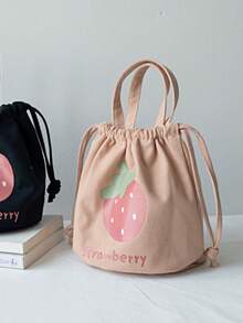 Women/Student Canvas Tote Bag, Drawstring Bucket Shoulder Bag, Multi-Function Lunch Bag - Pink - View 3