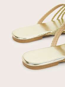 Handmade Woven Gold Twist Strap Flat Sandals For Women, Random Woven Pattern, Random Twist Design - Gold - View 6
