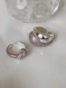 2pcs Minimalist & Elegant French Style Geometric Purple Enamel Drip Oil Design Unique Luxury Rings Set, Versatile For Daily, Vacation, Party Wear - Silver + Purple - View 5